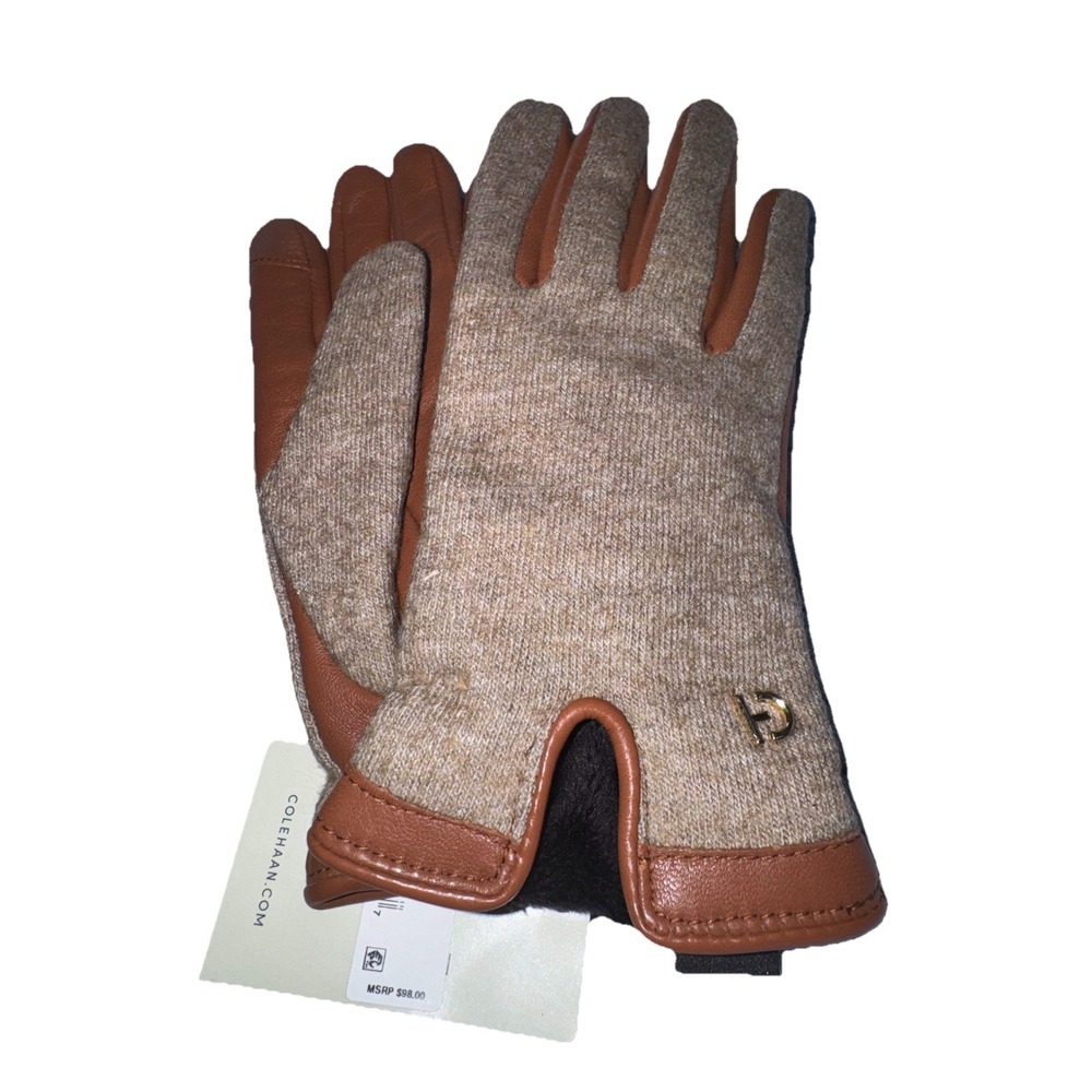 Cole Haan Women Woven Backed Gloves Sz S Teak Colorblock Brown Tan Wool Leather